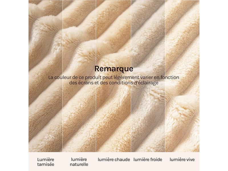  Plaid polaire en flanelle côtelée, 220x240cm, beige, 350 gm², moelleux, léger, couverture pour 4 saisons  - Conforama C