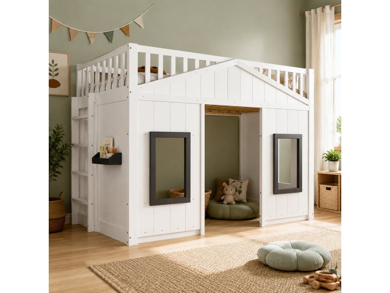  Lit superposé enfant cabane blanc et gris avec escalier 90 x 200 cm  - Conforama D