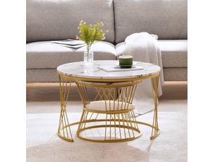 Tables basses gigognes avec 2 plateaux et base métallique, finition marbrée brillante, pour salon, en mdf, blanc