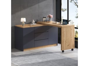 Bureau d'angle pivotant, bureau à roulettes avec freins, bureau gris et chêne, table de travail modulable pour maison et bureau.