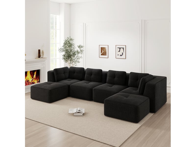 Canapé modulable en u 4 places 386x177x69 cm, sans montage, assise profonde, tissu en velours côtelé, noir - Conforama E