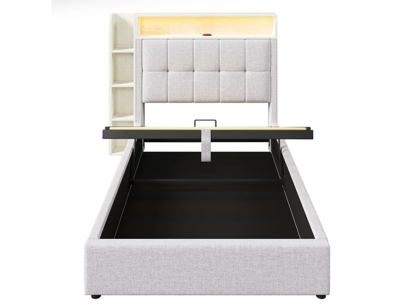  Lit coffre 90x200 avec led et port usb - lit rembourré - tête de lit avec rangement, lin beige, sans matelas  - Conforama D