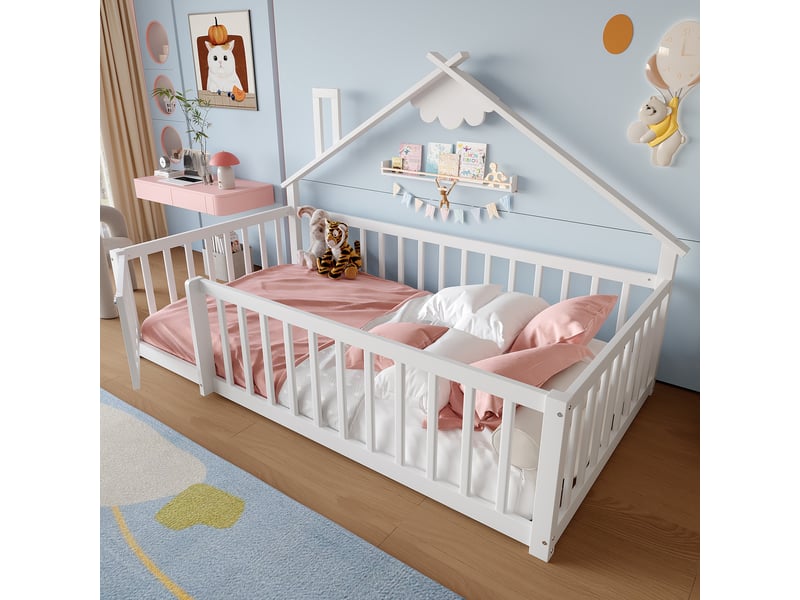  Lit simple plat, 90 x 190 cmt, barrière de sécurité, barrière avec verrou, bois de pin, blanc  - Conforama B