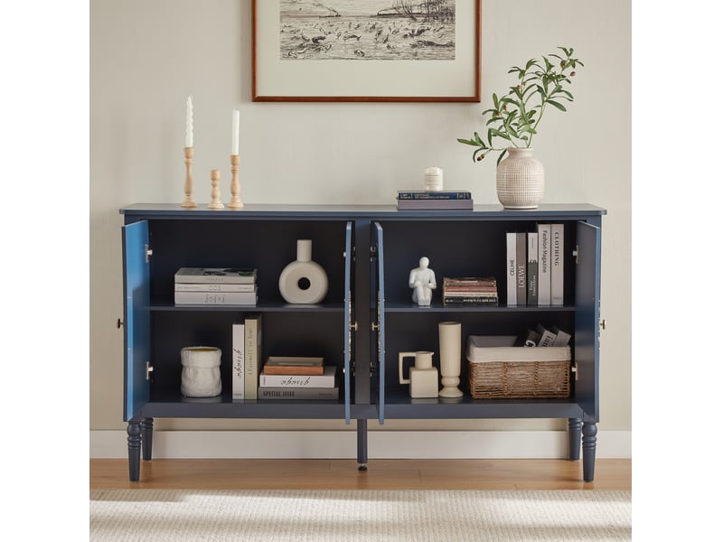  Buffet 160x40x89 cm, avec reliefs sculptés et angles arrondis, panneau de particules, mdf, métal, bleu marine, salon  - Conforama D