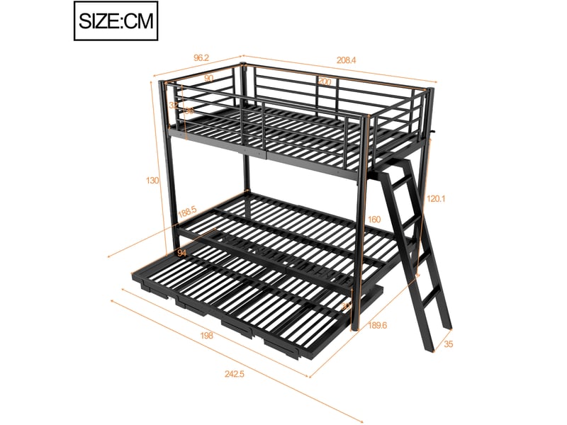  Lit superposé modenvie avec lit gigogne 90 x 200 cm métal noir  - Conforama C