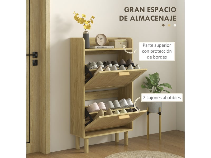  Meuble à chaussures style bohème avec 2 tiroirs abattants et 1 étagère ouverte pour 12 paires de chaussures, 80 x 24,5 x 110 cm, chêne  - Conforama E