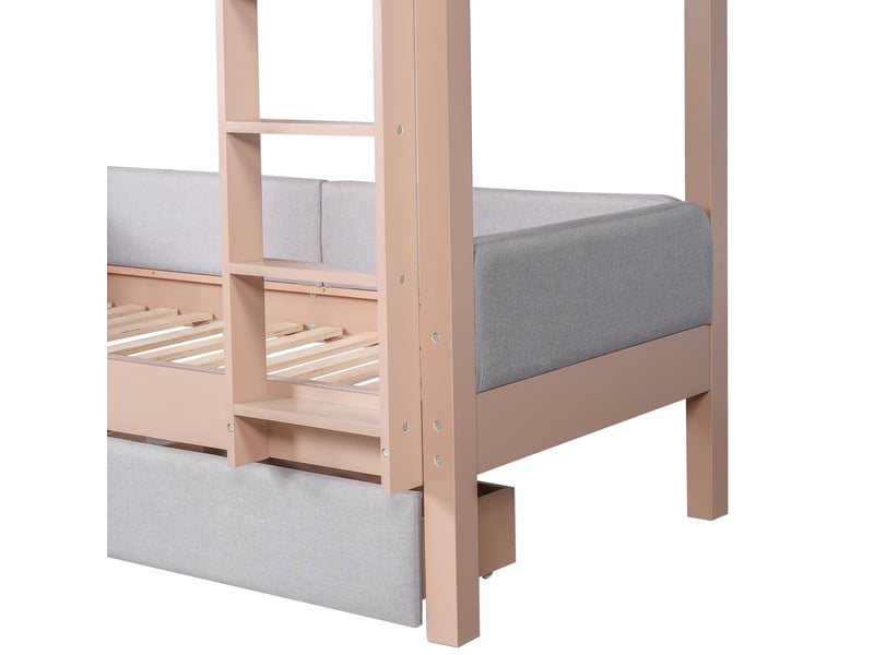  Lit superposé enfant 90x200 cm, rangement, 2 tiroirs, escalier à 4 marches, structure mdf, gris naturel, sans matelas  - Conforama E