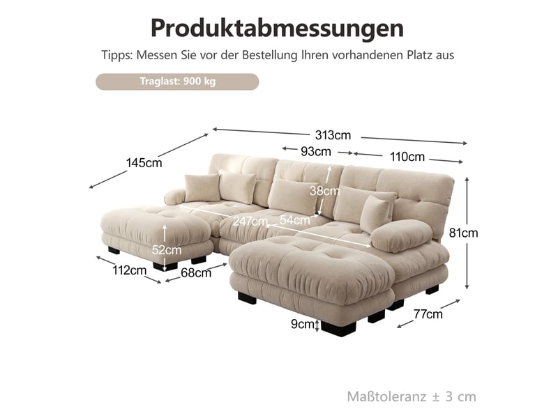  Canapé d’angle modulable 3 places en tissu beige clair, avec ottomans mobiles, confort profond pour salon familial  - Conforama C