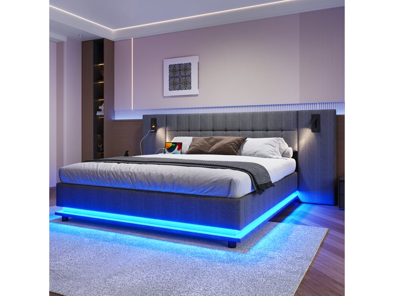Lit double adulte avec led - 180x200 cm - gris - lin écologique - bande led multicolore - spot sur tête de lit - port usb - Conforama W