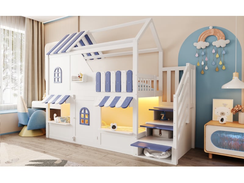  Lit superposé enfant 90 x 200 cm - design maison cottage avec toit et fenêtre, échelle rangement, led et barrières de sécurité - blanc + bleu  - Conforama R