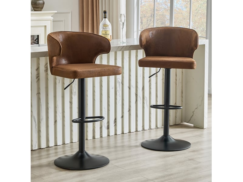  Tabouret de bar pivotant avec hauteur réglable, repose-pieds et dossier ergonomique, en tissu marron  - Conforama B