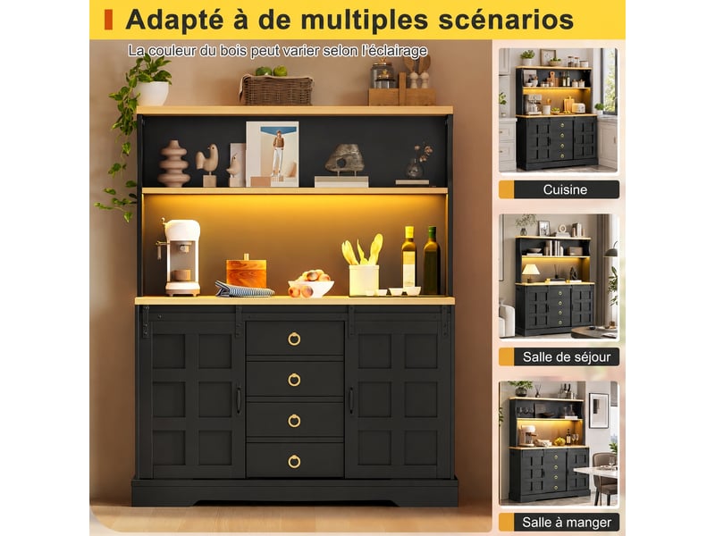  Meuble haut de cuisine avec rangement et vitrine, meuble bar avec éclairage led rgb, prises usb, 120 x 40 x 150 cm, noir  - Conforama D