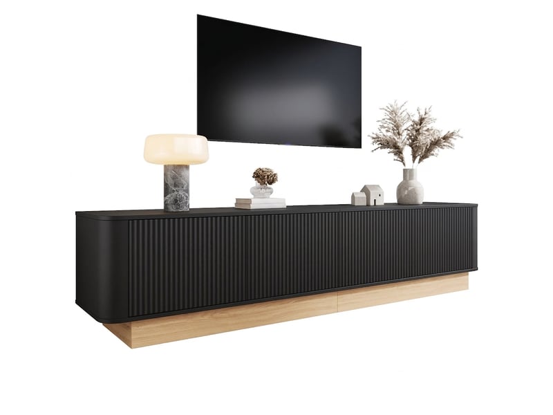 Meuble tv noir 200 cm avec 4 portes nervurées, étagères réglables et coins arrondis  - Conforama A