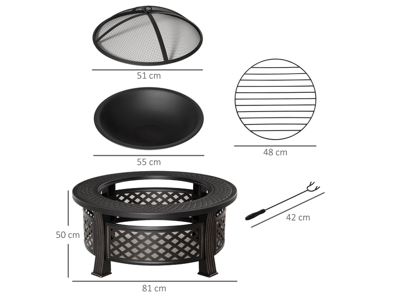  Braséro rond en acier noir (81 x 81 x 50 cm) avec tisonnier et pare-étincelles – idéal pour jardin, camping et barbecue.  - Conforama E