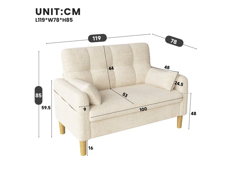  Canapé 2 places 119x78x85 cm en chenille beige avec poche latérale  - Conforama C