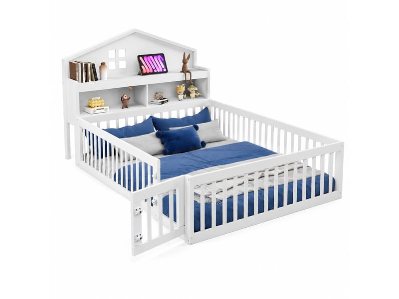  Lit cabane enfant tcqpz 140 x 200 cm avec rangements, barrière et porte, bois, blanc  - Conforama A