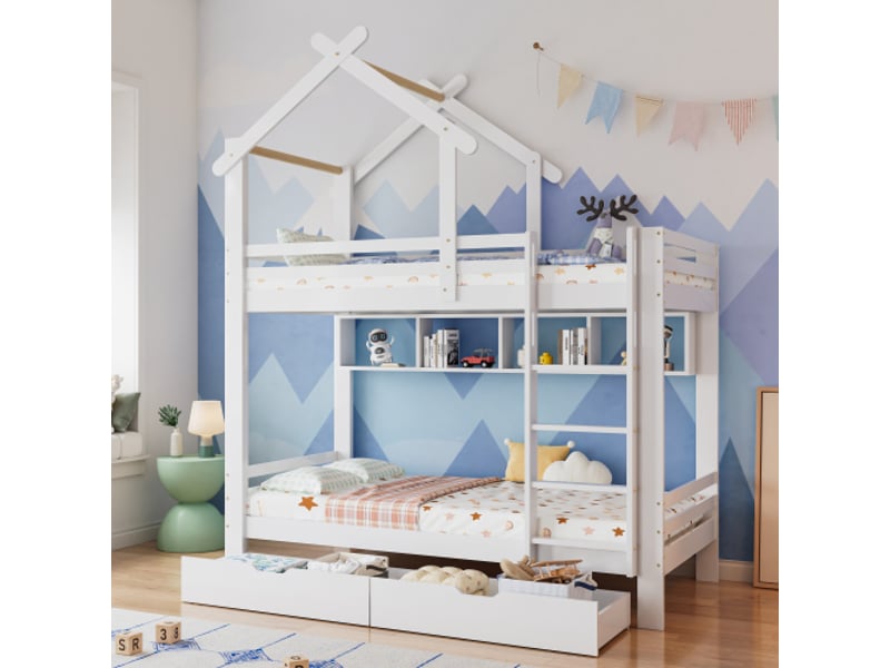  Lit superposé 90x200 cm, lit jeune avec tiroirs et étagères, cadre en bois de pin, sans matelas, blanc  - Conforama B