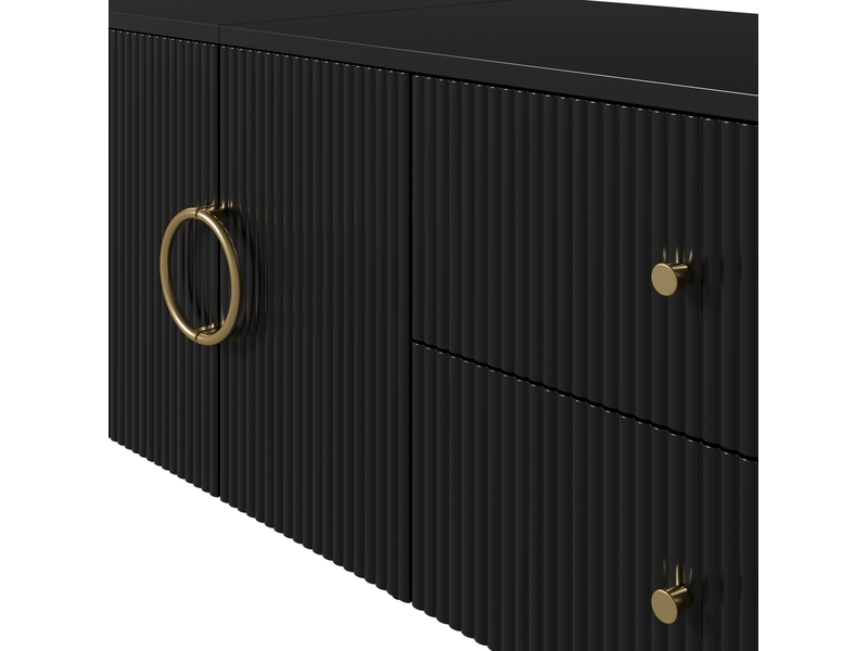  Meuble tv noir 180x40x53 cm avec structure ondulée 3d, 4 tiroirs, 2 portes et passe-câbles  - Conforama E