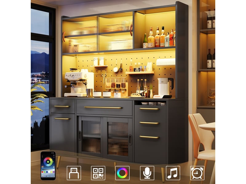  Buffet armoire de rangement haute moderne avec éclairage led, panneau perforé, tiroir, porte en verre, noir pour cuisine et salon  - Conforama B