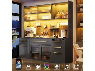 Buffet armoire de rangement haute moderne avec éclairage led, panneau perforé, tiroir, porte en verre, noir pour cuisine et salon