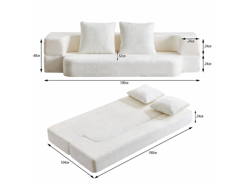  Canapé convertible 2 places pliable avec coussins, dossier incurvé  - mousse et ressorts, blanc crème  - Conforama E