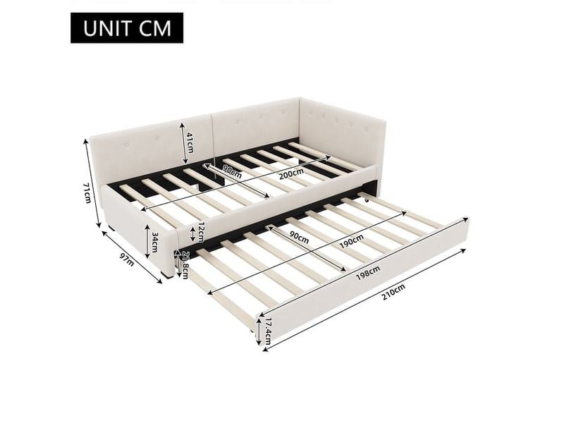  Lit banquette 90x200 avec lit gigogne, canapé lit simple en velours beige, cadre de lit avec sommier  - Conforama C
