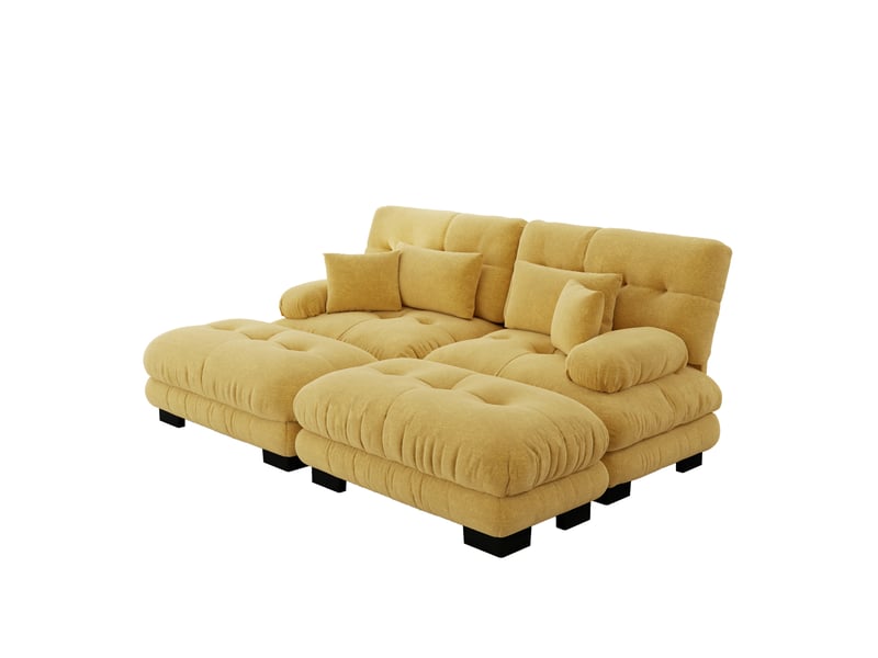 Canapé d'angle cloud en chenille beige clair, sofa salon avec 2 coussins lombaires, 2 coussins déco, 2 ottomans, larges accoudoirs - Conforama A