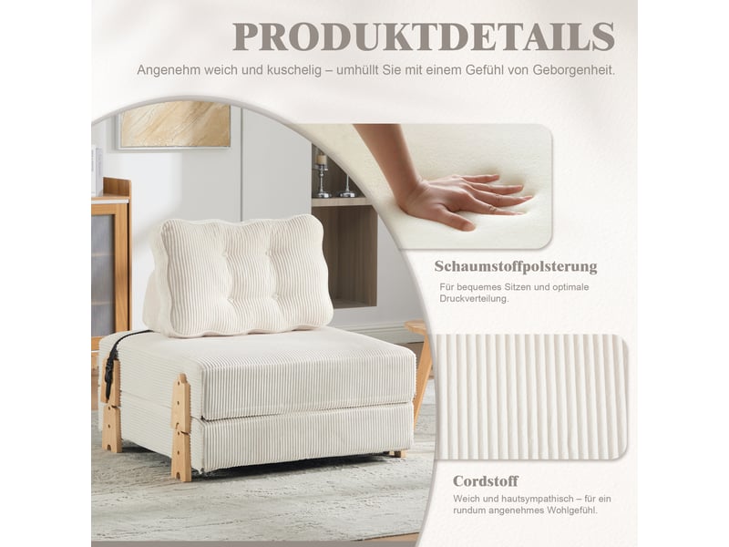  Fauteuil convertible lit simple beige - fauteuil scandinave avec pieds en bois clair et revêtement cord, idéal salon ou chambre  - Conforama D