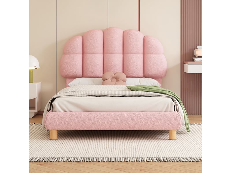  Lit simple enfant 90x200cm capitonné, sommier à lattes bois, imitation non-tissé, style élégant, rose  - Conforama C