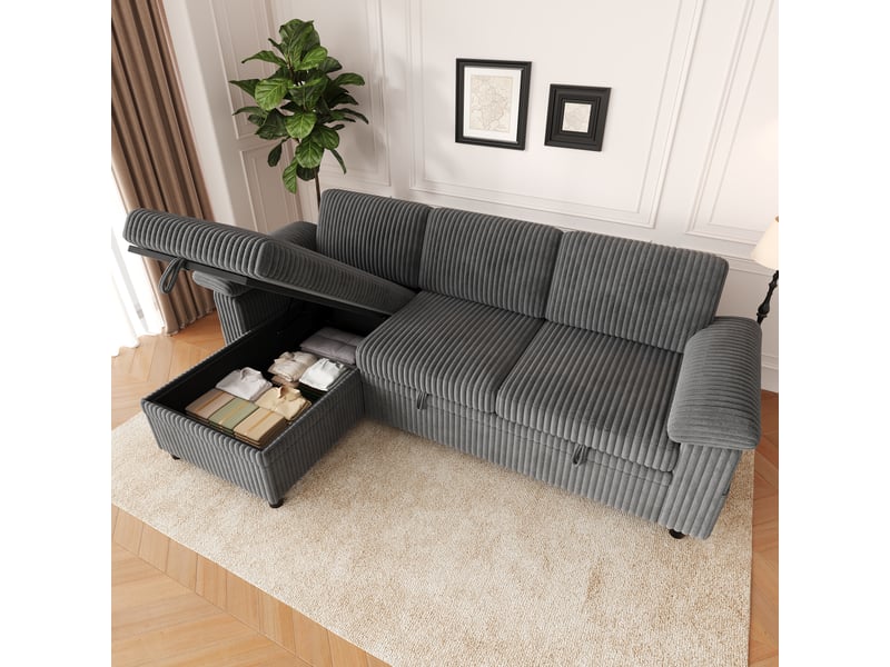  Canapé d'angle convertible réversible en velours côtelé gris, 3 à 4 places avec coffre de rangement et ports usb pour le salon.  - Conforama D