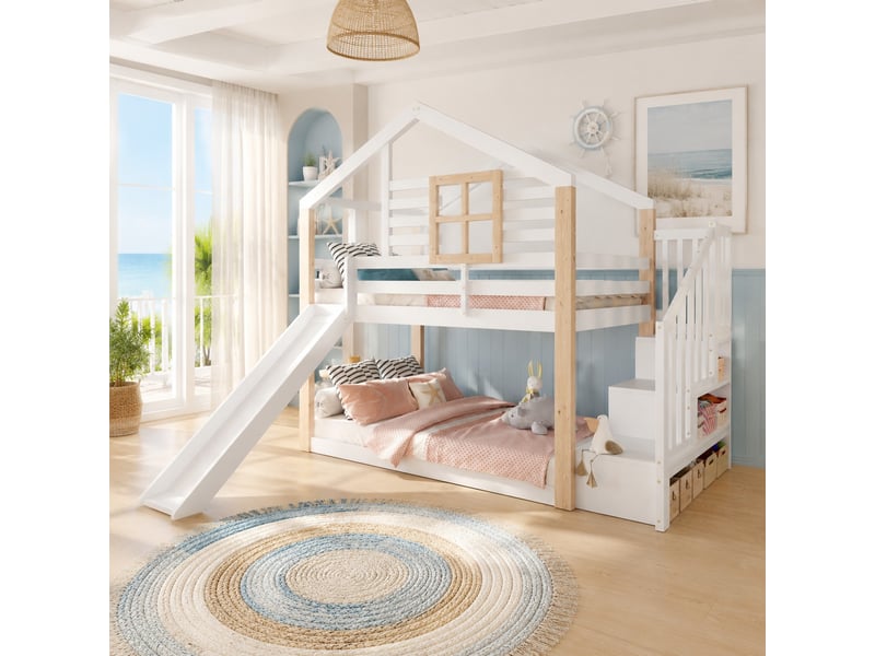  Lit superposé enfant 90 x 200 cm blanc et bois avec toboggan et escalier de rangement  - Conforama C