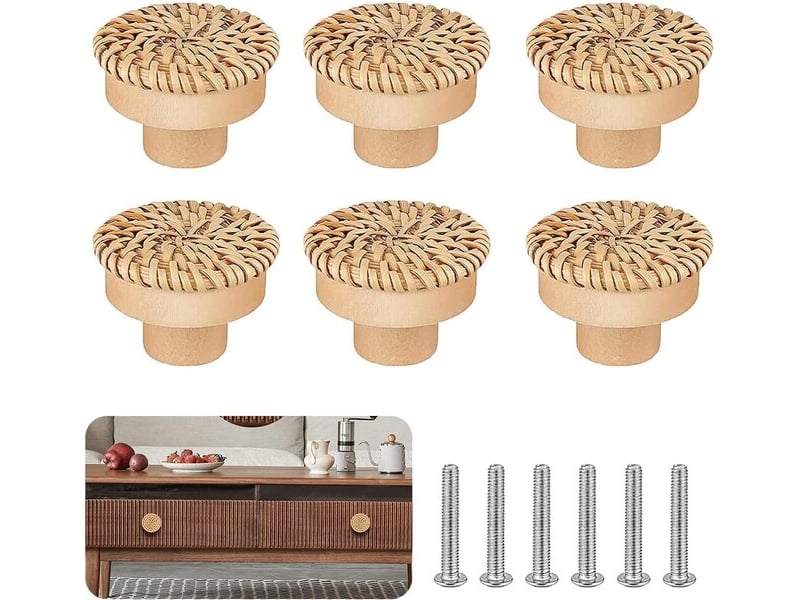  Pack de 6 boutons en bois naturel de 40x30 mm, poignées de décoration bohème pour armoires et tiroirs de cuisine  - Conforama B