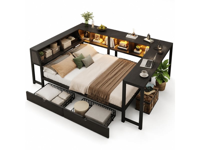  Lit adulte 140x200 cm noir – combiné multifonction avec bureau, rangements et led, style industriel  - Conforama A