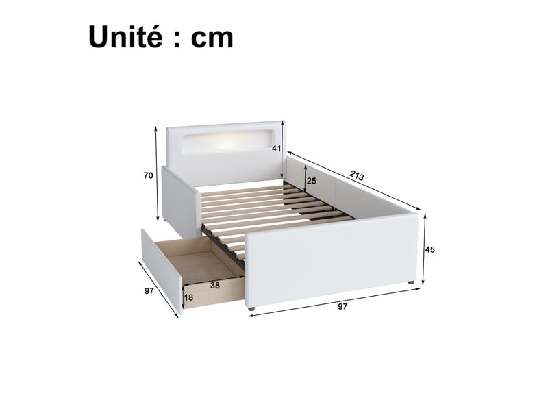  Lit enfant 90x200 cm en similicuir, lit 1 place avec tiroirs, veilleuse led et usb, sans matelas, blanc  - Conforama D