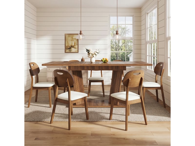  Ensemble table extensible et 6 chaises effet bois massif – dossier ovale, assise rembourrée, pieds antidérapants réglables – marron foncé  - Conforama R