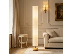Lampadaire 15 x 15 x 120 cm en bois, lin et métal avec interrupteur au pied gris chicfurn