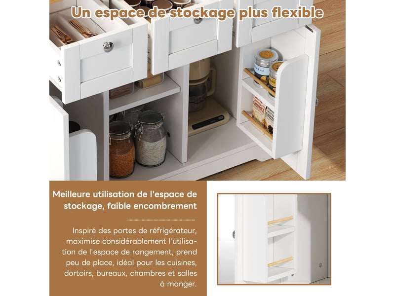  Îlot de cuisine 132x40x87 cm, desserte extensible avec tiroirs, porte-épices, porte-serviettes et prise, mdf, blanc et naturel  - Conforama D