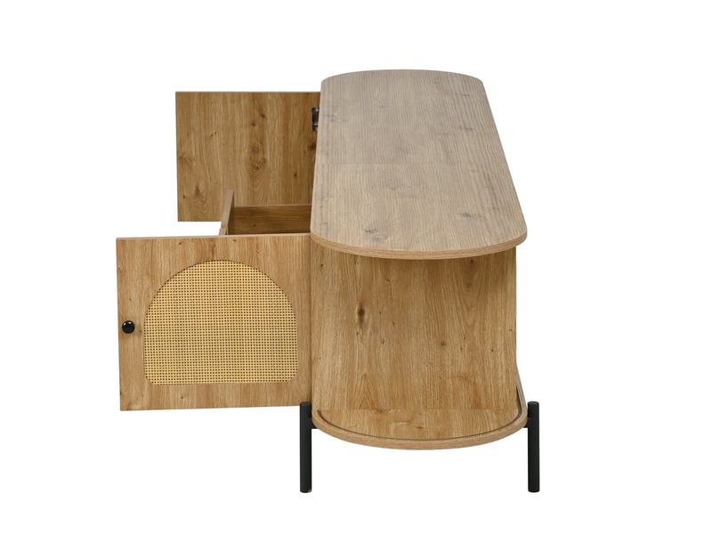 Meuble tv ovale 200 cm en rotin et mdf, portes coulissantes et tiroirs, pieds en métal noir  - Conforama W