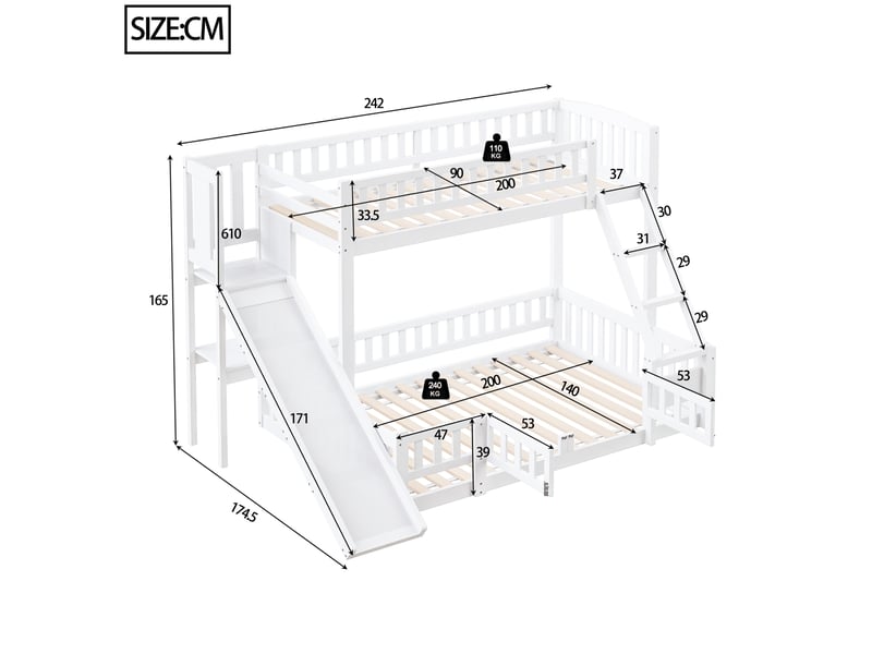  Lit superposé enfant 90x200 cm et 140x200 cm avec toboggan blanc  - Conforama C