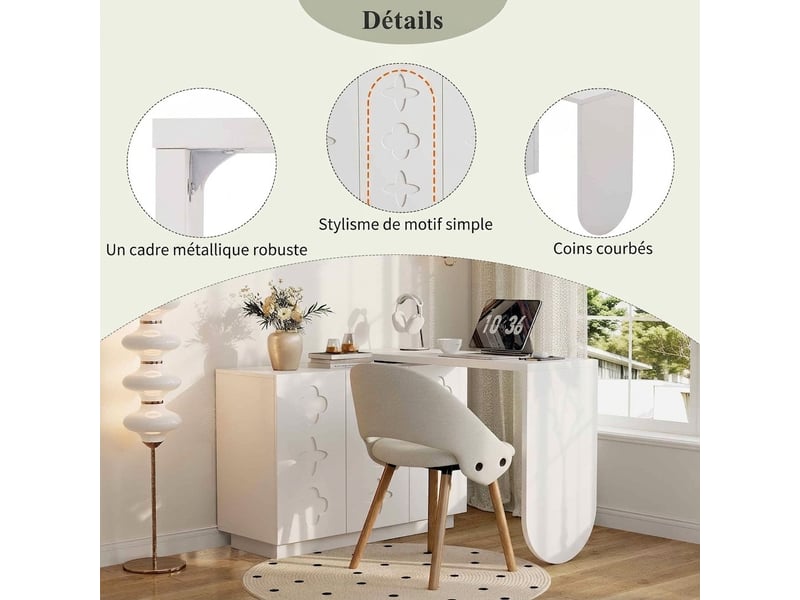  Bureau, bureau informatique d'angle pivotant en l, table de bureau, coiffeuse, blanc 110 cm  - Conforama D
