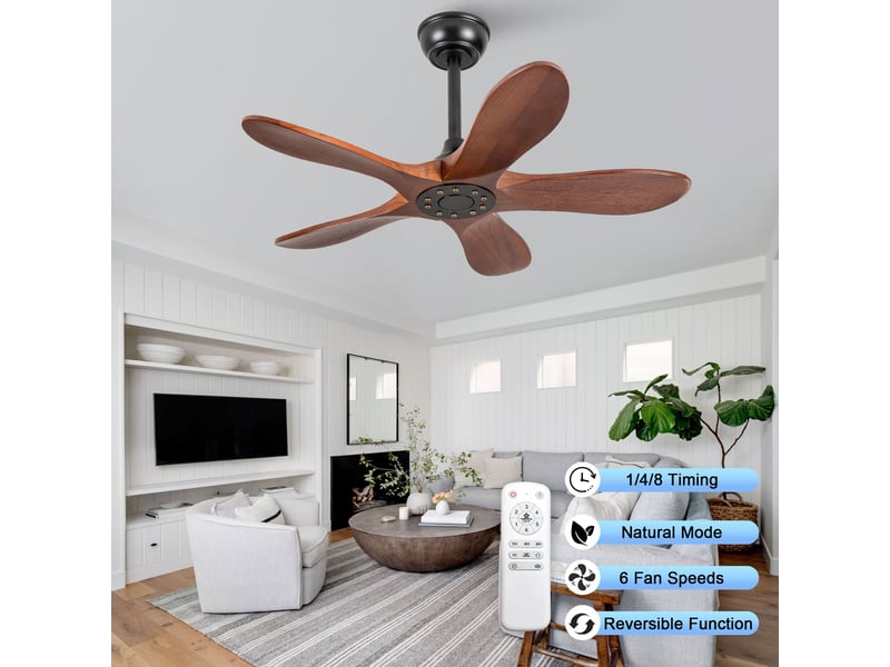 Ventilateur de plafond 90 cm sans éclairage 5 pales bois massif noyer et noir réversible 6 vitesses télécommande - Conforama D