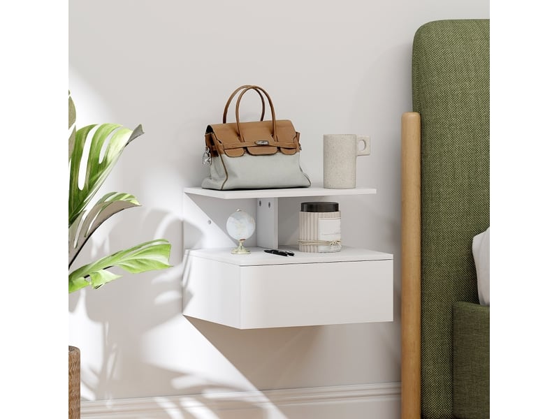 Table de chevet murale avec tiroir et niche ouverte, rangement suspendu style minimaliste pour chambre, bois blanc - Conforama B