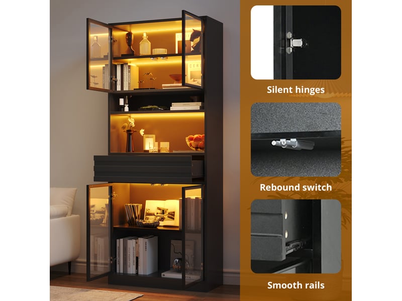 Lot de 2 vitrines avec 8 portes vitrées, 2 tiroirs et éclairage led à commande vocale pour salon en mdf noir - Conforama E