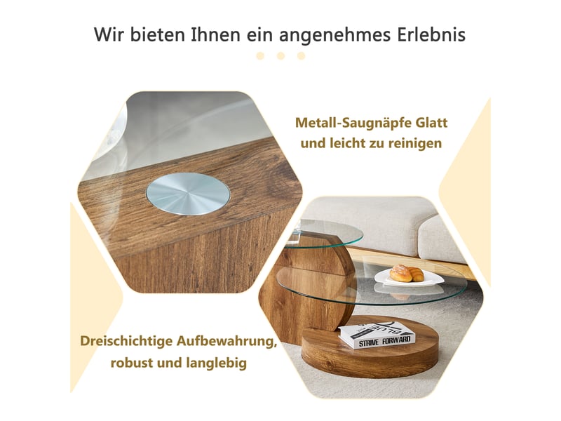  Table basse ronde à double plateau avec rangement - lpospi - verre trempé, mdf décor bois - transparent  - Conforama E