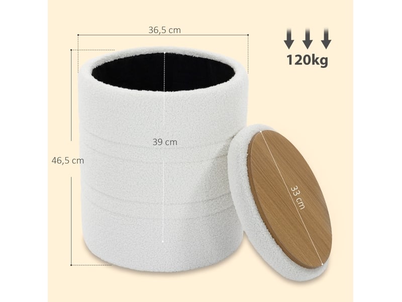  Pouf de rangement rond avec couvercle réversible 40 cm blanc evryae  - Conforama C