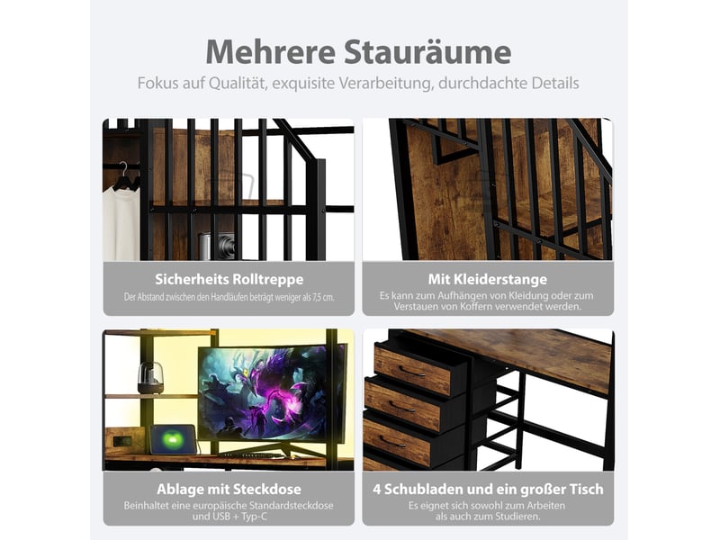  Lit mezzanine 90x200 cm avec bureau, rangements, barre de penderie, éclairage led et prise, mdf et métal, noir sans matelas  - Conforama E