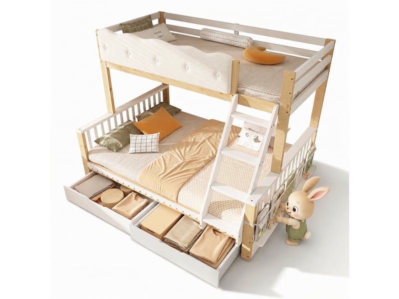 Lit superposé enfant 90x200140x200 cm blancchêne avec 2 tiroirs, porte-revues et garde-corps Fay Lum - Conforama A