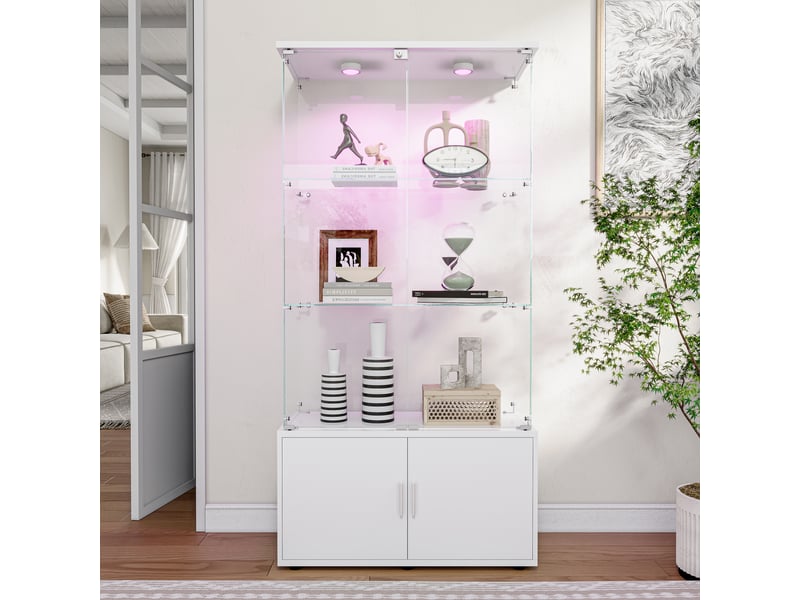  Vitrine en verre 3 niveaux avec meuble de rangement inférieur double porte - blanc - 78,5 x 35 x 164 cm - armoire d'exposition avec éclairage led  - Conforama D