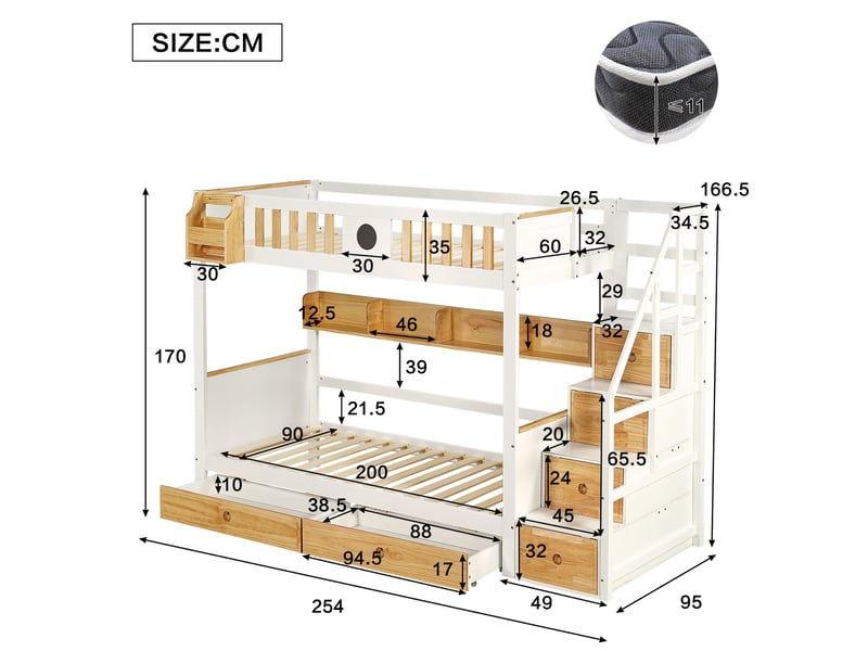 Lit superposé enfant 90 x 200 cm, escalier avec 4 casiers, 2 tiroirs, étagère ouverte et barrières de sécurité, pin, mdf, blanc et naturel evarich - Conforama C