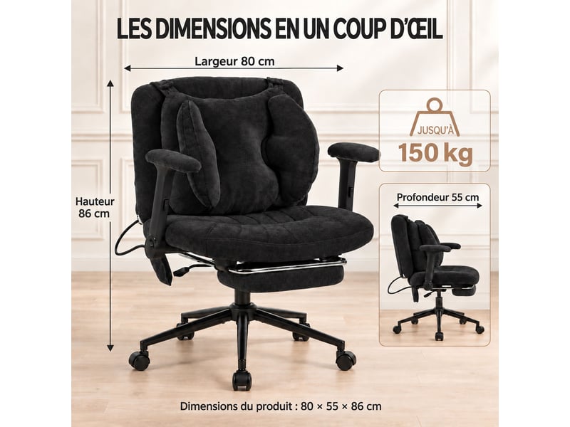  Fauteuil de bureau ergonomique en tissu respirant, coussin lombaire gonflable réglable, assise large pour s’asseoir, noir  - Conforama B